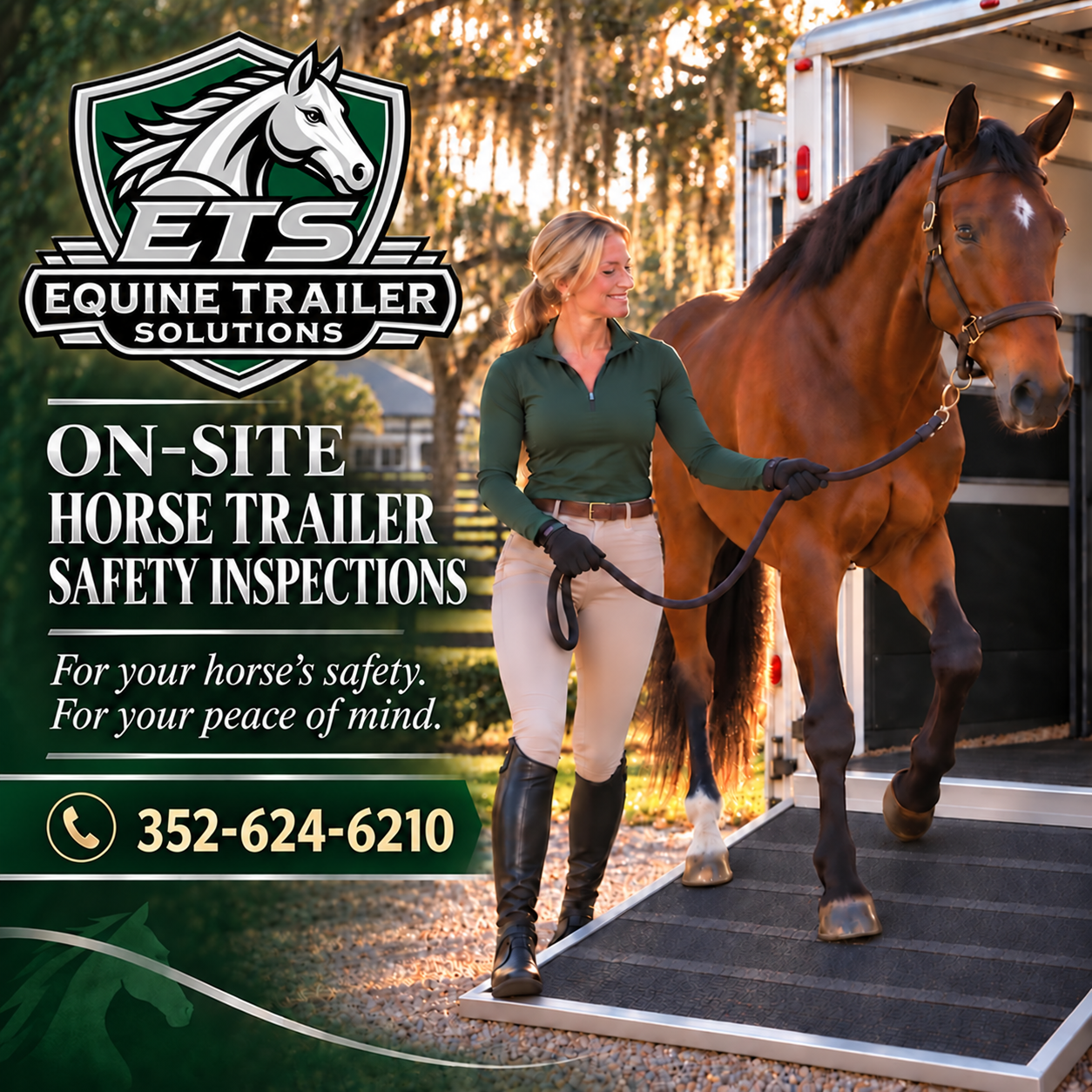 Horse owner leading her horse beside a trailer